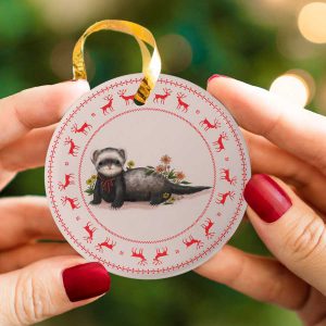 Merry Christmas Little Ferret Reindeer Ceramic Ornament