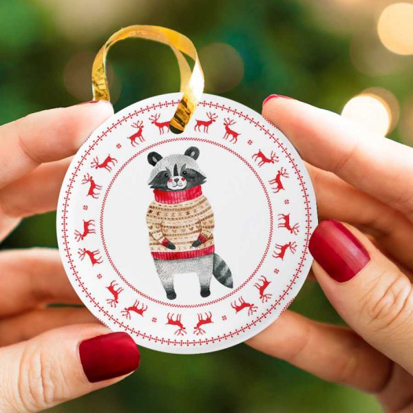 Merry Christmas Raccoon Reindeer Ceramic Ornament