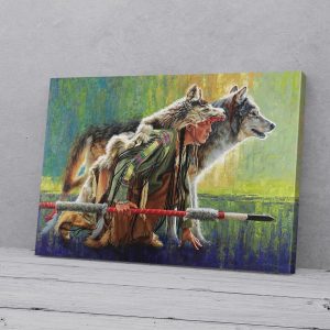 Native Woman Warrior With Wolf Canvas Prints Wall Art Decor